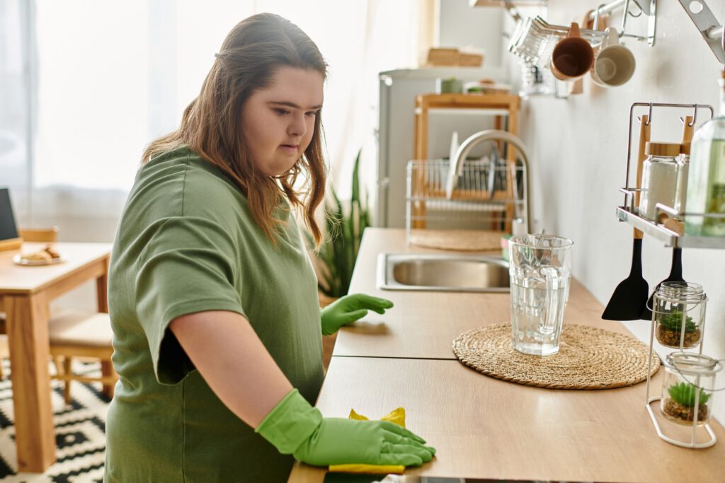 Young woman cleaning a kitchen counter while wearing green gloves.