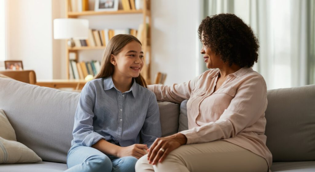 Mother and daughter having a supportive conversation on the couch at home